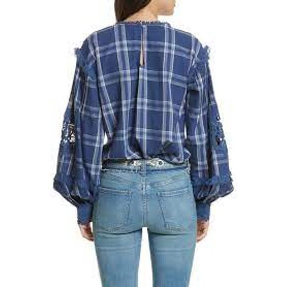 Free People S Navy Blue Darling Diana Lace Top Plaid Long Sleeve Blouse Keyhole - Picture 12 of 12